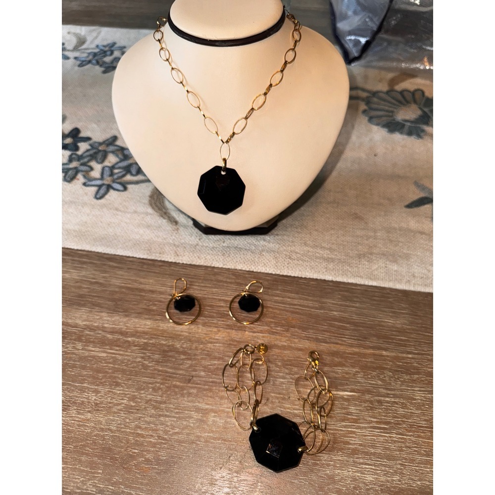 Gold Tone Necklace Bracelet Earrings Set Black Faceted Stone Anne‎ Klein